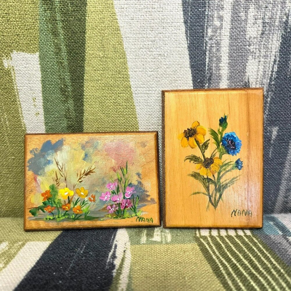 2 x Mini Oil Paintings On Wood Flowers By Nana Lancaster Signed Cottage Core Nat